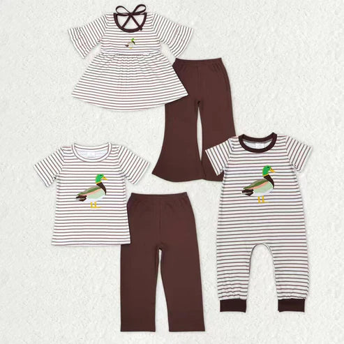 10.28 RTS Sibling Baby Boys Girls Embroidery Ducks Stripe Top Hunting Clothes Sets Pant Rompers