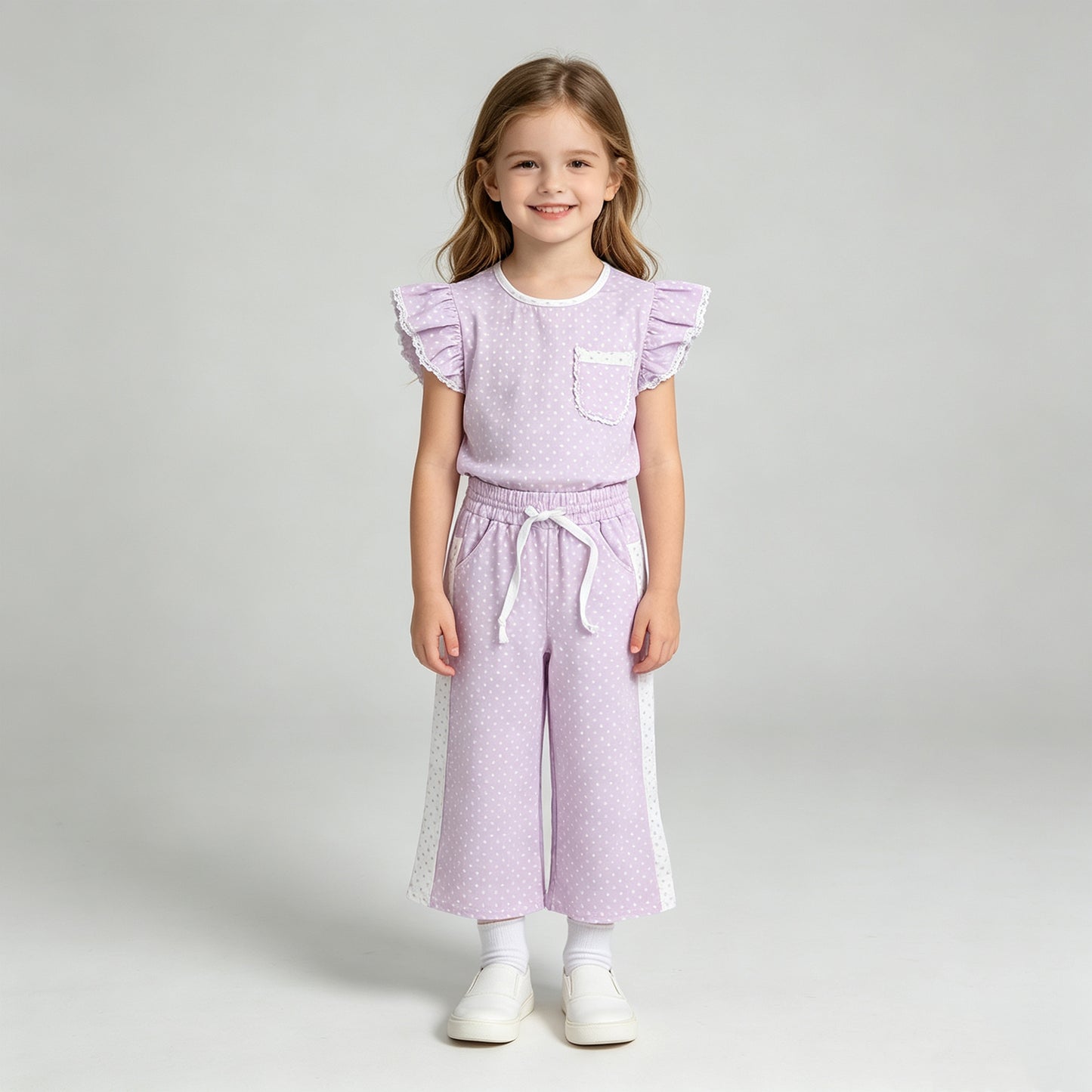 GSPO2328 RTS NO MOQ （In stock）Lavender polka dots flutter sleeves top pants girls outfits