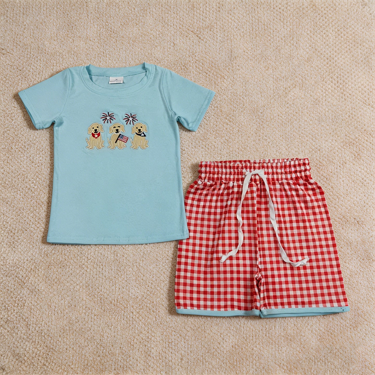 4.8 BSSO1934 RTS NO MOQ （In stock）Embroidery Flag Dogs Baby Boys Top Checked Shorts 4th of July Clothes Sets