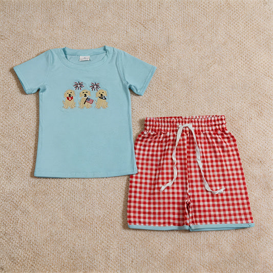 4.8 BSSO1934 RTS NO MOQ （In stock）Embroidery Flag Dogs Baby Boys Top Checked Shorts 4th of July Clothes Sets
