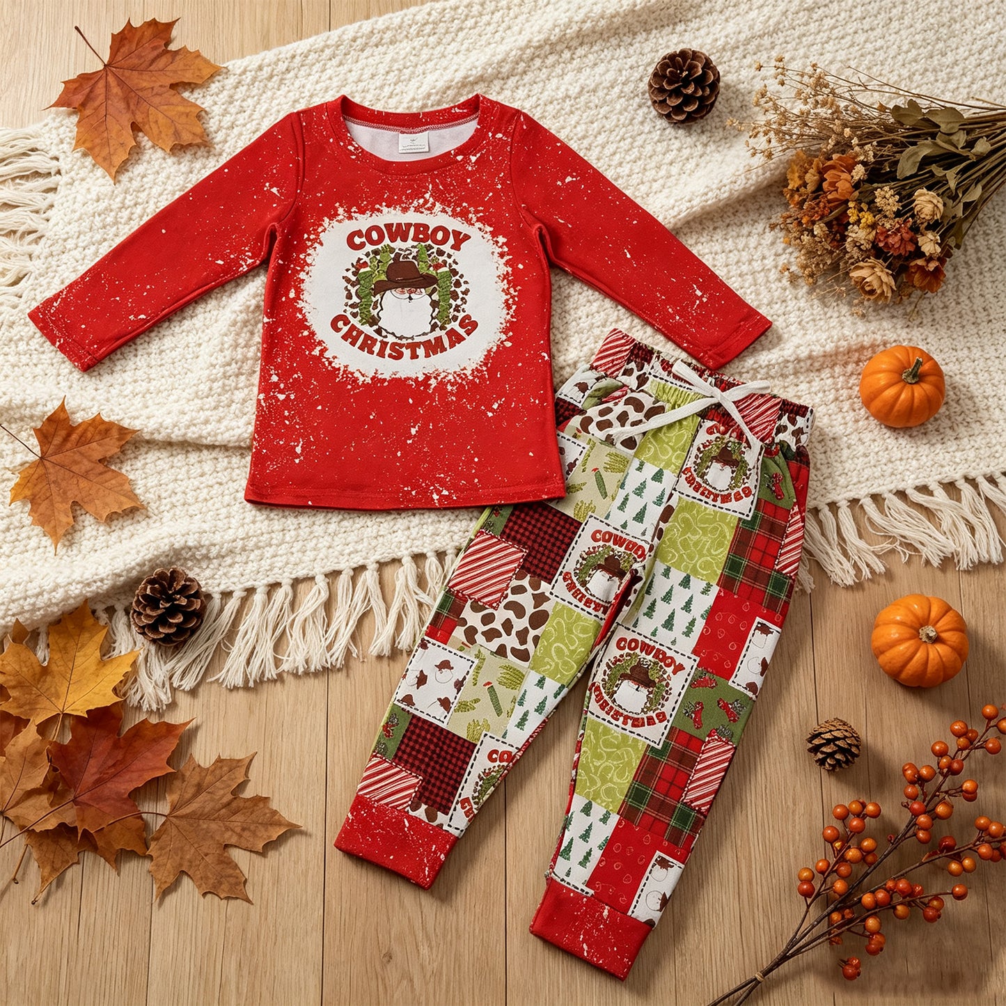 RTS NO MOQ （In stock）milk silk BLP0375 Baby Boys Cowboy Christmas Red Tops Pants Clothes Sets