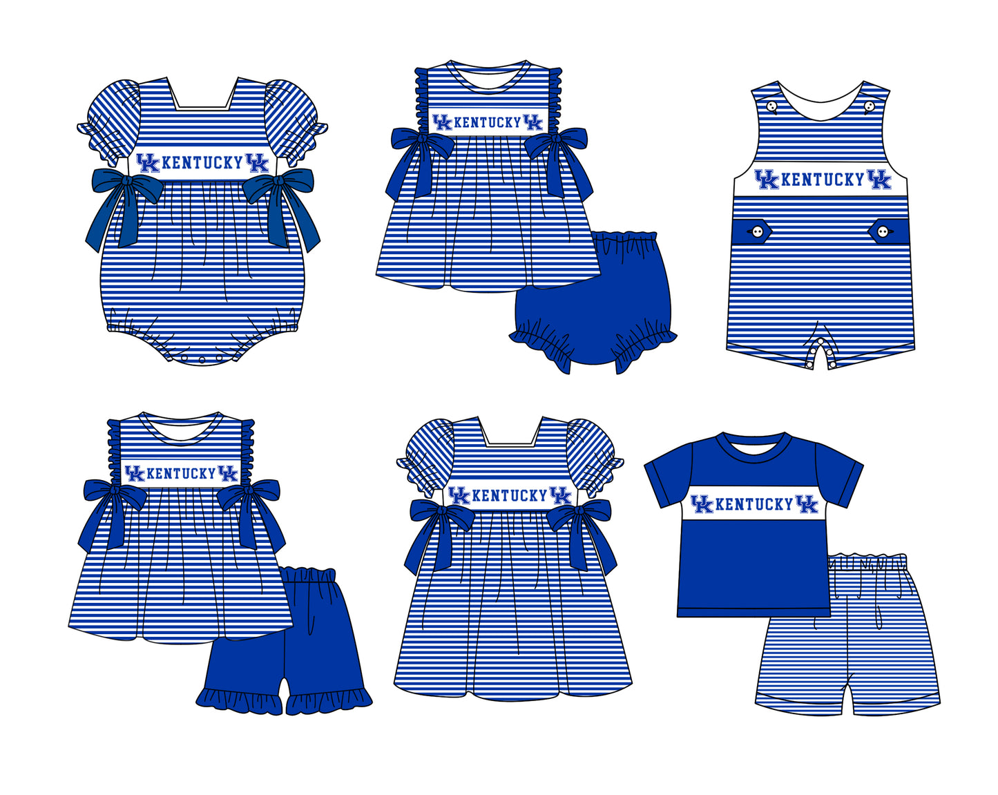 CUSTOM MOQ 5 Sibling Baby Kids Blue Stripe Top Ruffles Shorts Clothes Set Knee Length Dress Rompers