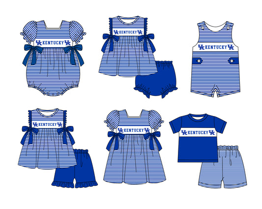 CUSTOM MOQ 5 Sibling Baby Kids Blue Stripe Top Ruffles Shorts Clothes Set Knee Length Dress Rompers
