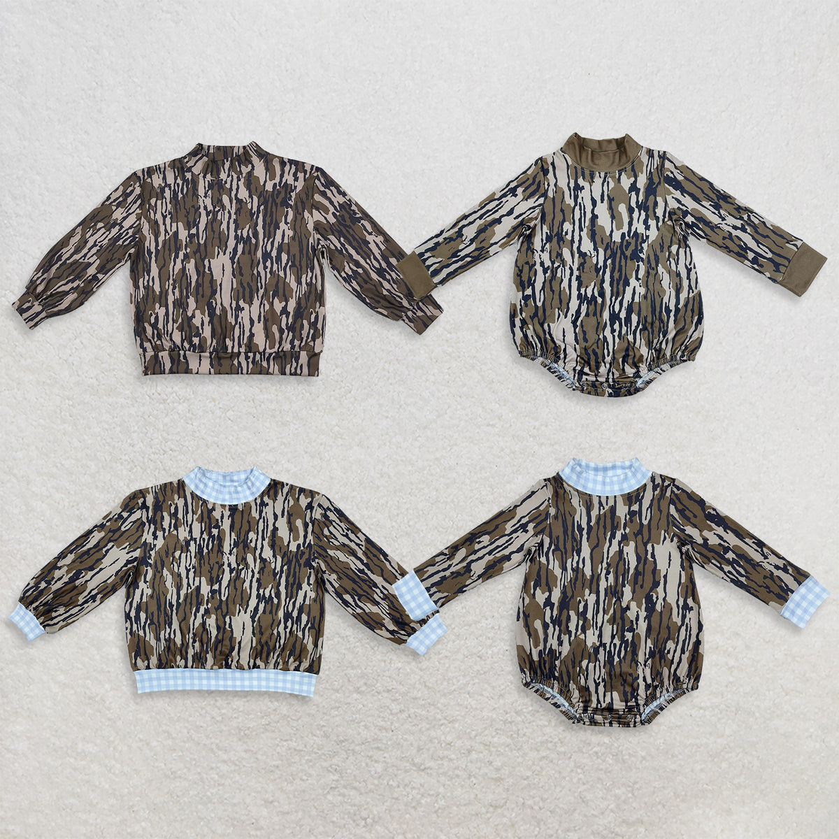 RTS NO MOQ Sibling milk silk High Neck Baby Boys And Girls Camo Long Sleeve Romper And Toddler Mock Neck Top