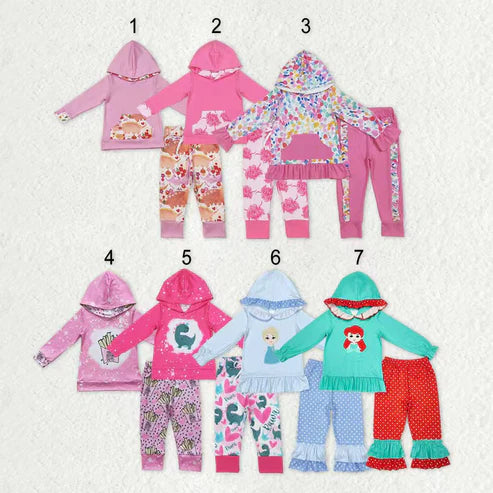 9.18 RTS Sibling Baby Girls Floral Dinosaurs Pockets Hoodies Ruffle Leggings Pant Clothes Sets