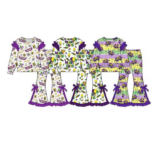 (Preorder new) No moq Toddler Girls Ruffle Long Sleeve Printed Sweatshirt And Flare Pant Set