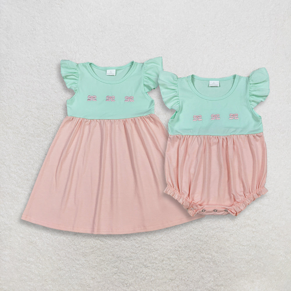 4.2 RTS Sibling Flutter sleeves bow embroidery baby girls dresses and romper