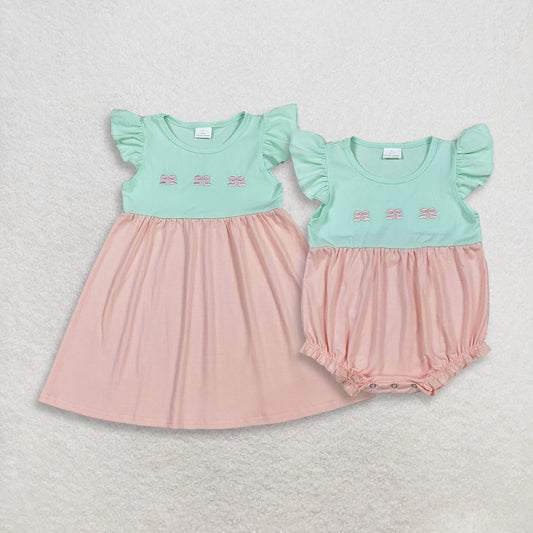 4.1 RTS Sibling Flutter sleeves bow embroidery baby girls dresses and romper