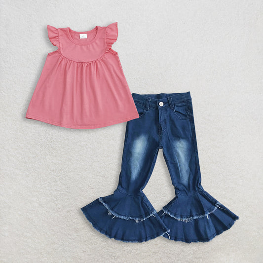 3.10 RTS NO MOQ （In stock）GT0462 + P0003 Baby Girls Dark Pink Flutter Sleeve Tunic Tops Denim Pants Jeans Clothes Set