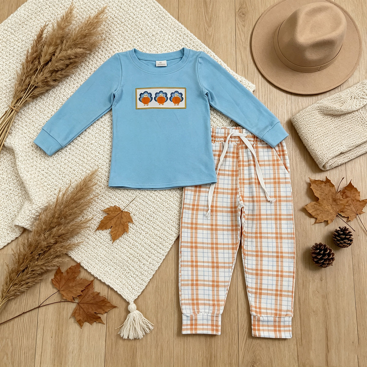 RTS NO MOQ （In stock）BLP1498 milk silk BLP1513 Embroidery Pumpkins Turkey Baby Boys Pockets Pant Thanksgivings Clothes Sets