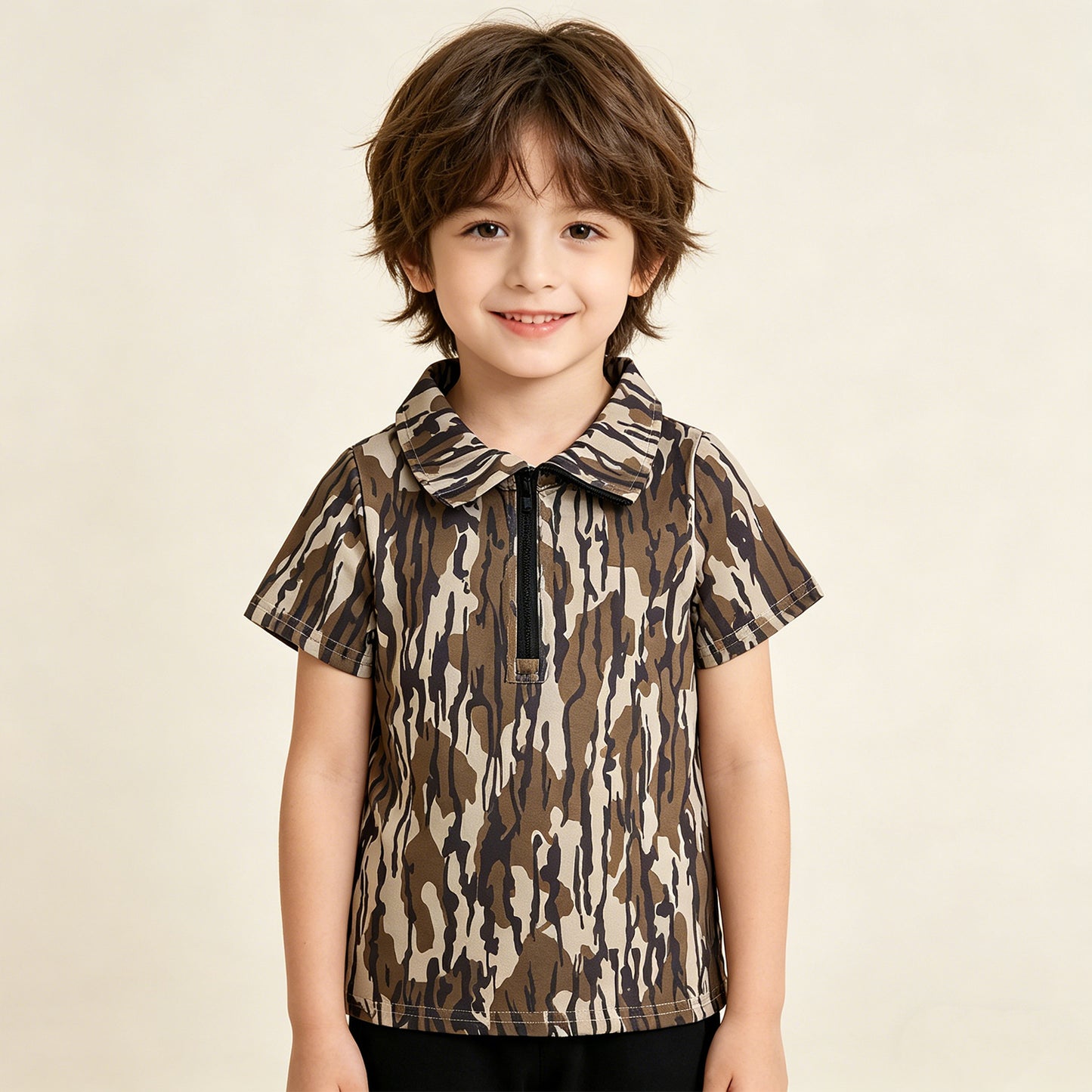 BT1726 RTS NO MOQ （In stock ）Baby Boys Short Sleeve Southern Olive Camo Zipper Pullovers Top