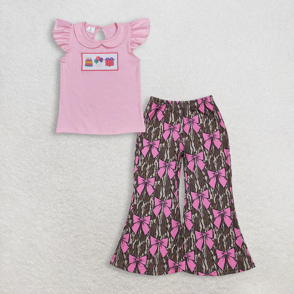3.13 RTS NO MOQ （In stock）GT0501+ P0896 Baby Girls Birthday Pink Flutter Sleeve Tee Shirts Tops Olive Camo Pink Bows Flare Pants Bottoms