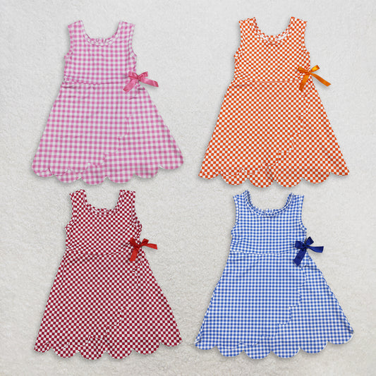 RTS Sibling Baby Girls Blue Orange Checked Yoga Active Shorts Scallop Knee Length Dresses
