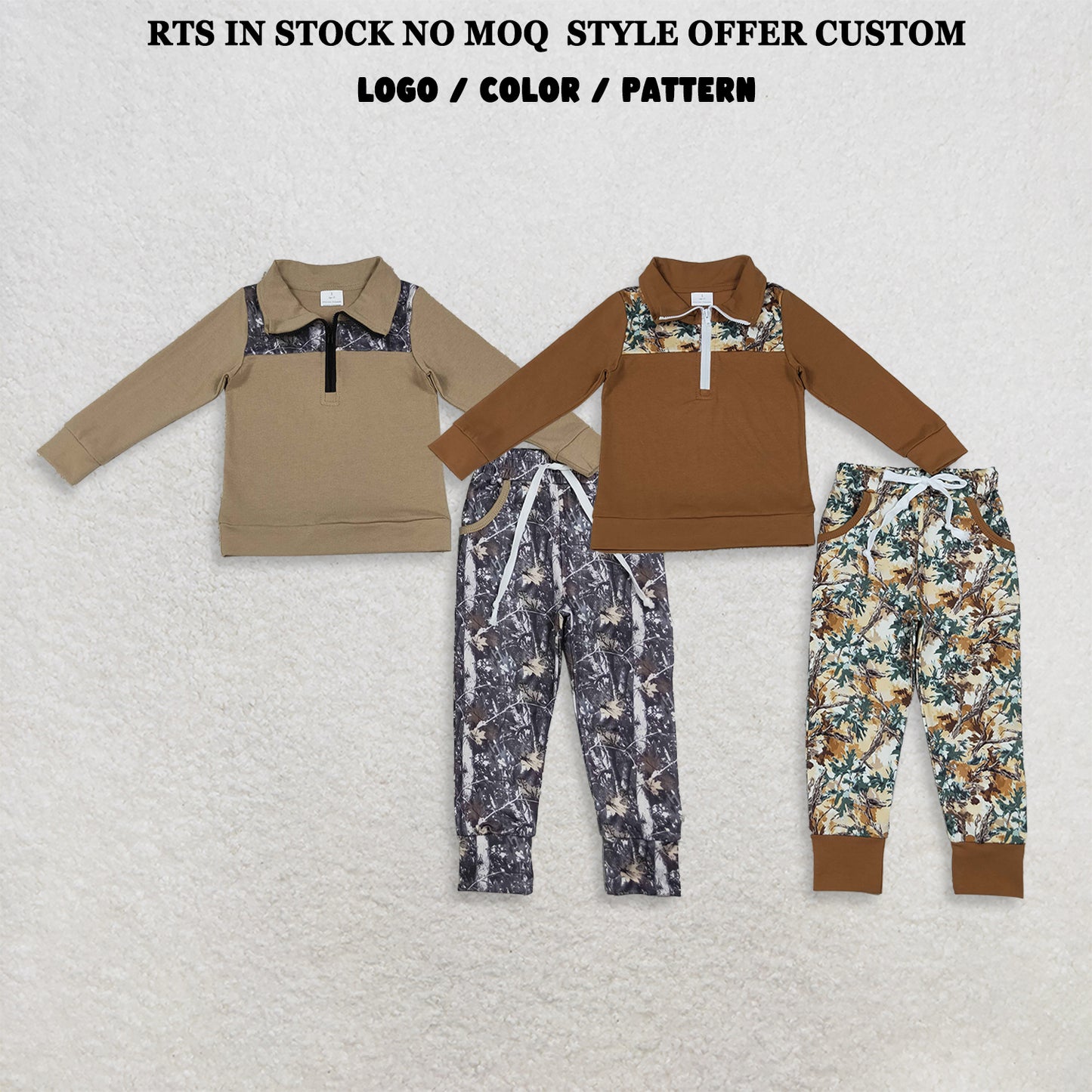 RTS NO MOQ Sibling milk silk Baby Boys Khaki Zip Pullover Leaves Camo Pockets Jogger Clothes Sets Hunting Casual Outfit