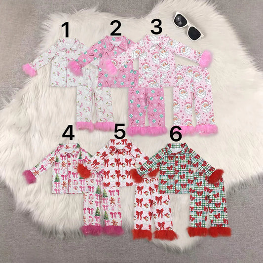 10.2 RTS Sibling Baby Girls Long Sleeves With Fur Santa Trees Plaid Buttons Top Pants Pajamas Sets