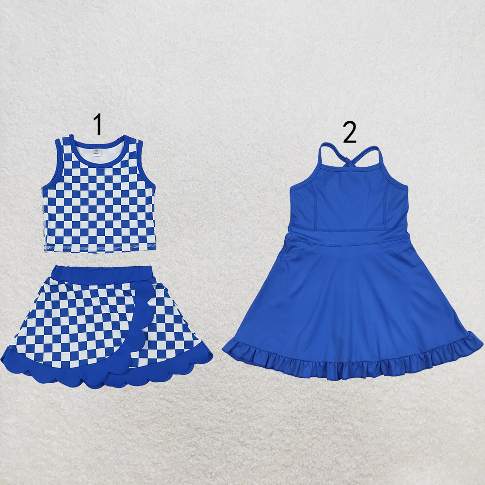 RTS NO MOQ Sibling yoga fabric cotton Baby Girls Blue Check Sleeveless Skort Set And Solid Halter Ruffle Twirl Yoga Dress For Summer