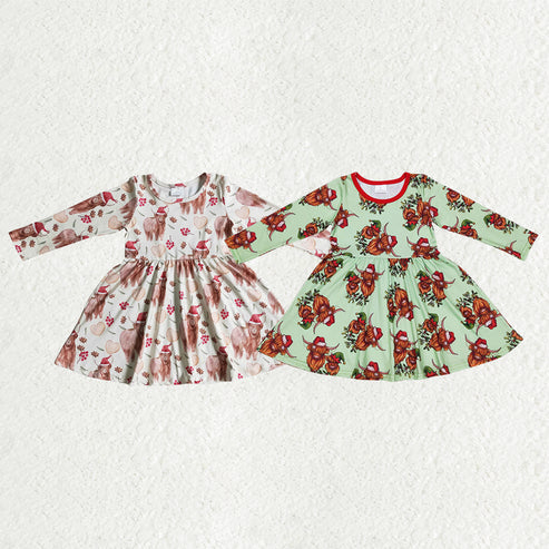 10.30 RST Sibling Baby Girls Hats Highland Cows Plaid Christmas Ruffle Knee Length Dresses