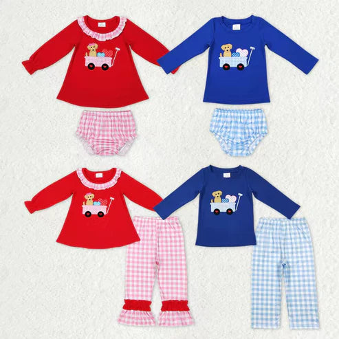 11.5 RTS Sibling Baby Boys Girls Embroidery Dogs Trucks Hearts Pants Bummies Valentine Clothes Sets