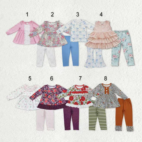 9.17 RTS Sibling Baby Girls Bows Flowers Tunic Leggings Pant Ruffle Sleeves Clothes Sets