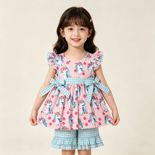 4.10 GSSO3747 RTS NO MOQ （In stock ）Baby Girls Flutter Sleeve Flowers Horses Tunic Checked Ruffle Shorts Clothes Set