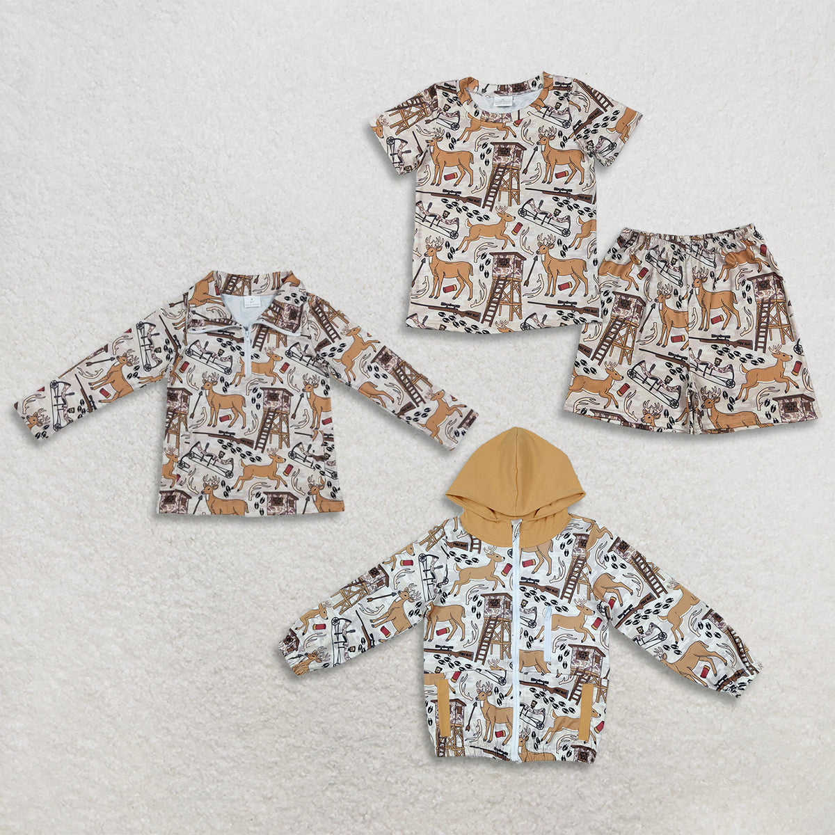 RTS NO MOQ Sibling milk silk Baby Boys Deer Short Sleeve Top Shorts Half Zip Pullover And Hooded Jacket Matching Clothes Set