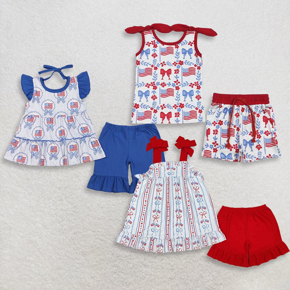 3.28 RTS Sibling Baby Kids Sleeveless floral bow flag top shorts girls 4th of july outfits
