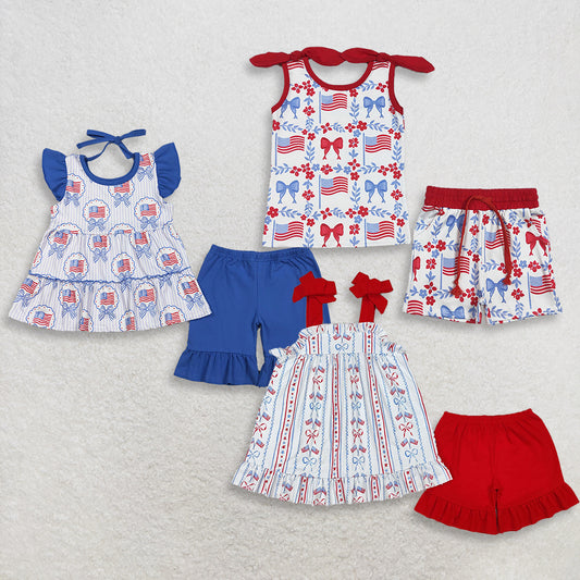 3.28 RTS Sibling Baby Kids Sleeveless floral bow flag top shorts girls 4th of july outfits