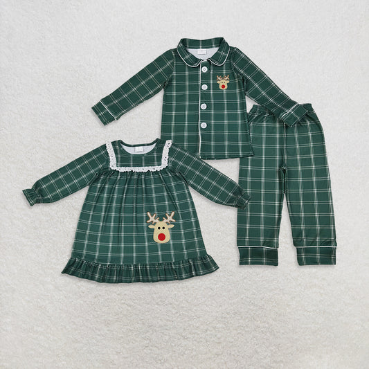 9.29 RTS Embroidery Baby Kids Green Checked Christmas Sleep Wear Pajamas Ruffle Dresses