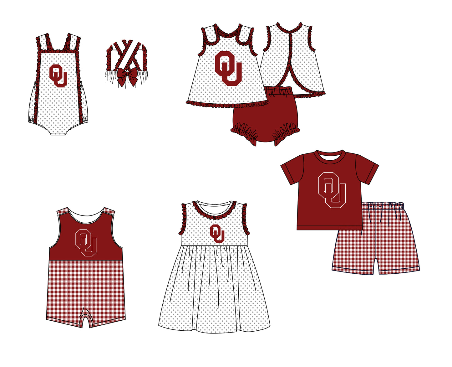 CUSTOM MOQ 5 Sibling Boys Baby Girls Red OU Top Shorts Clothes Set Knee Length Dress Rompers