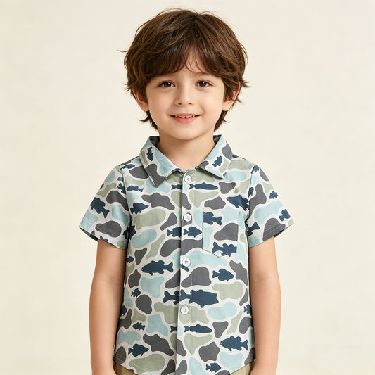 BT1787 RTS NO MOQ （In stock ）Short sleeves fish camo kids boys button down shirt