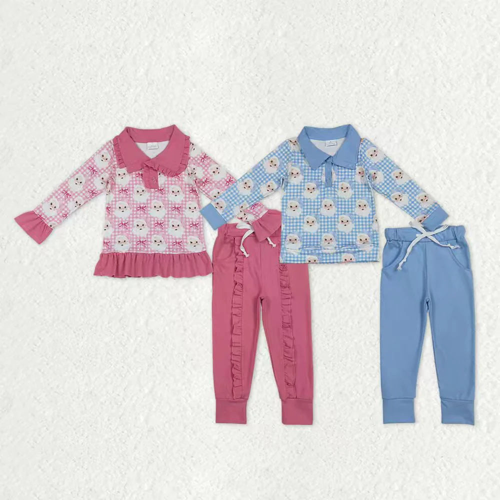 10.27 RTS Sibling Baby Kids Santa Checked Zip Pullover Pockets Leggings Christmas Clothes Sets