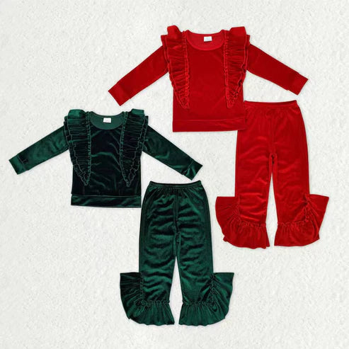11.6 RTS Sibling Baby Girls Christmas Ruffle Bell Pants Velvet Pajamas Clothes Sets