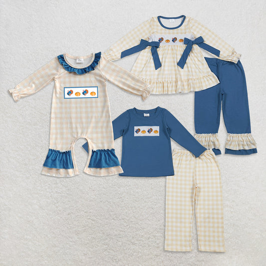10.14 RTS Sibling Boys Baby Girls Embroidery Turkey Pie Pumpkins Tunic Pants Thanksgiving Rompers Clothes