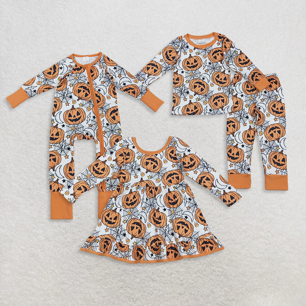 RTS Sibling Baby Girls Winter Outfits Orange Long Sleeve Halloween Pajamas with Pumpkin And Spider Design