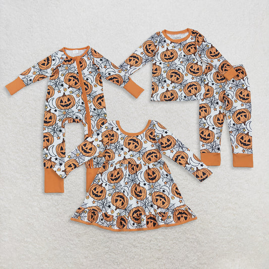 RTS Sibling Baby Girls Winter Outfits Orange Long Sleeve Halloween Pajamas with Pumpkin And Spider Design