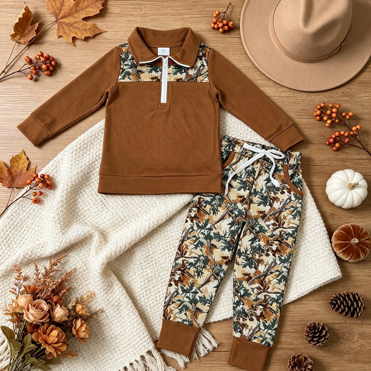 BLP1447 RTS NO MOQ （In stock）milk silk  Baby Boys Long Sleeve Camo Zip Pullover Pockets Jogger Hunting Clothes Sets