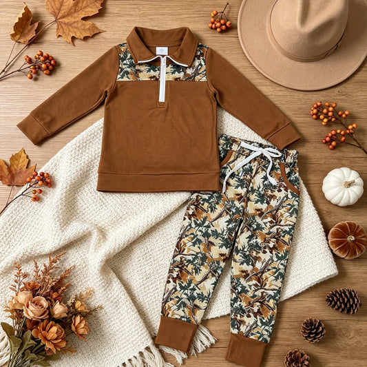 BLP1447 RTS NO MOQ （In stock）milk silk  Baby Boys Long Sleeve Camo Zip Pullover Pockets Jogger Hunting Clothes Sets