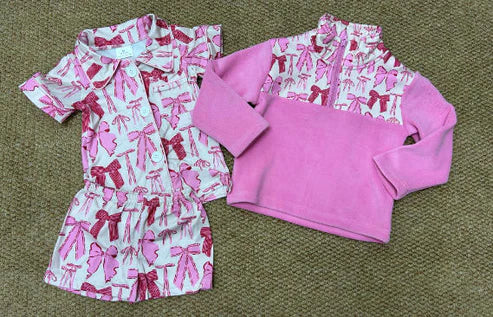 9.26 RTS Sibling Baby Girls Pink Bows Plaid Button Pocket Shorts Pajamas Set Zipper Pullovers Top
