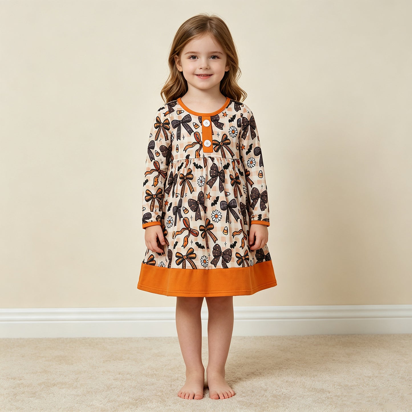 RTS NO MOQ （In stock）milk silk GLD1708 Baby Girls Halloween Floral Print Button Front Ruffle Hem Knee Length Dress