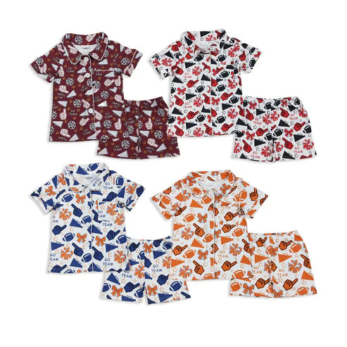 9.26 RTS Sibling Baby Girls Footballs Go Team Button Top Shorts Pajamas Sets