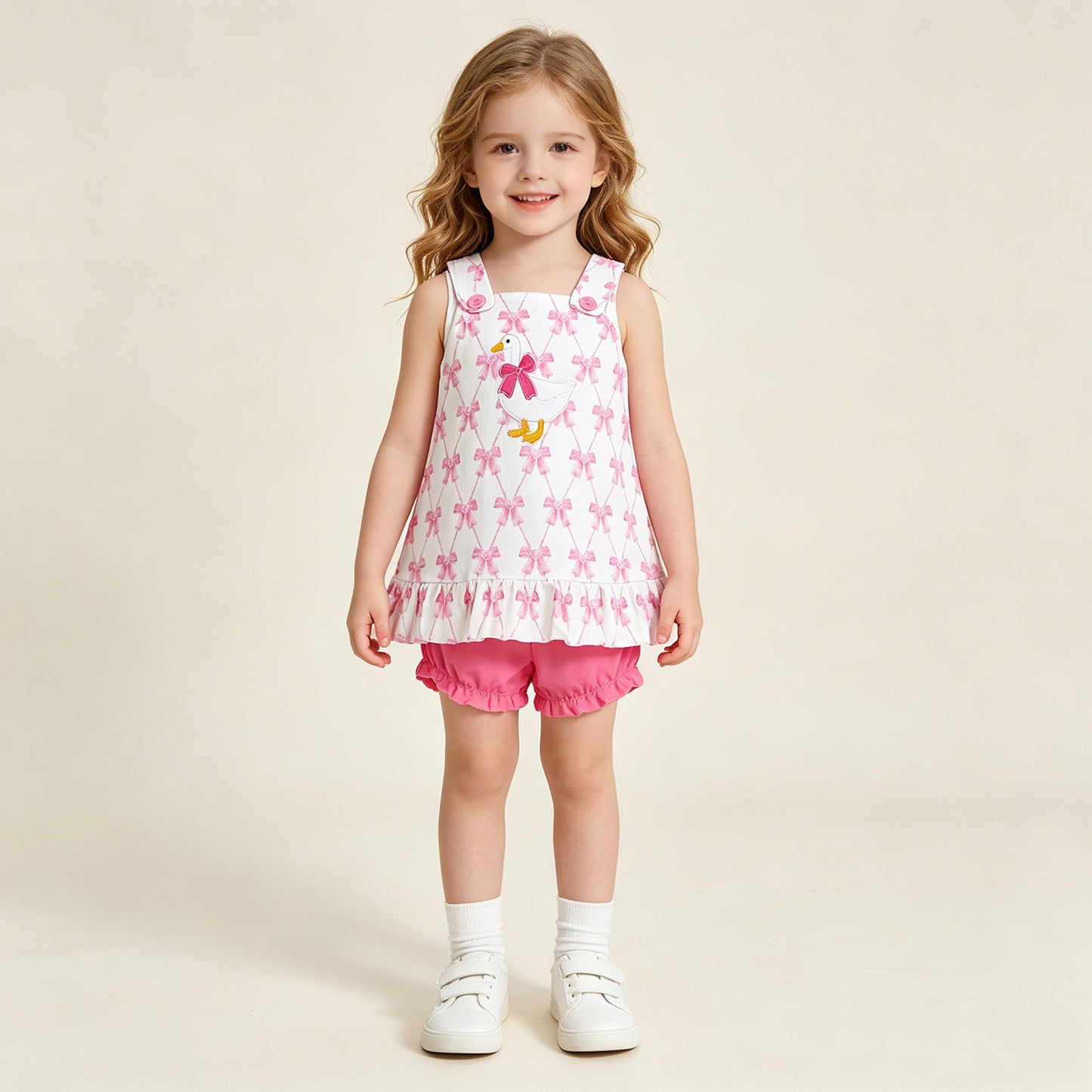 GBO0505 RTS NO MOQ （In stock）Sleeveless pink bow goose embroidery baby girls bummies set