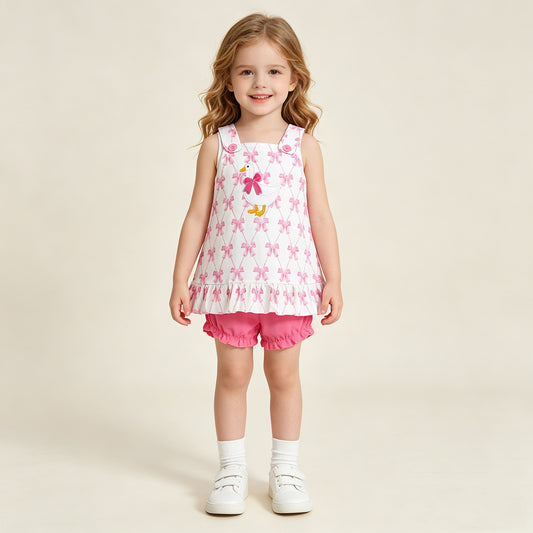GBO0505 RTS NO MOQ （In stock）Sleeveless pink bow goose embroidery baby girls bummies set