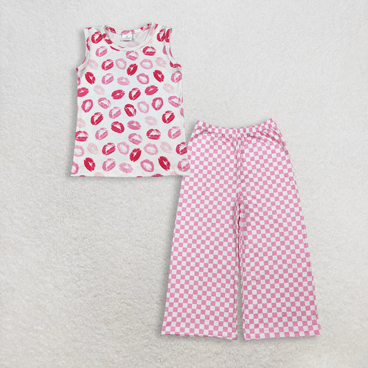 3.12 RTS NO MOQ （In stock）GT1419 + P1018 Baby Girls Sleeveless Pink Mouths Valentines Vest Tops Checked Flare Pants Bottom