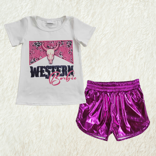 New Rts No Moq 8-9 Days By Air Arrived it Summer Baby Girls' Outfit Letter Bull Head White Top with Short Sleeves Pink Leather Shorts Set for Little Girls Hot Sale