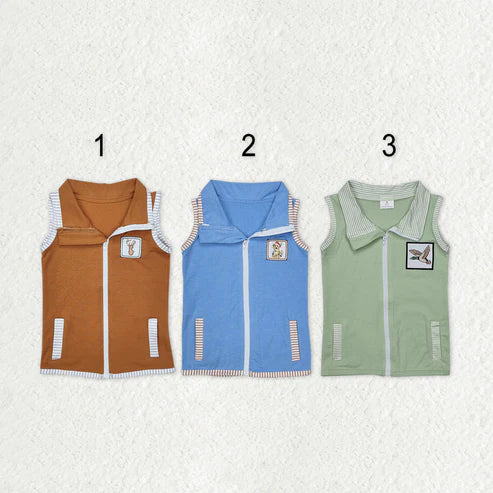 9.30 RTS Sibling Baby Boys Sleeveless Embroidery Deer Dog Duck Pocket Zipper Jackets Top