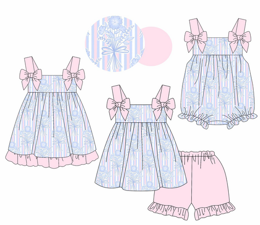 pre order Girls Striped Floral Tunic Ruffle Shorts Outfit with Straps - Spring/Summer Children's Clothing Set