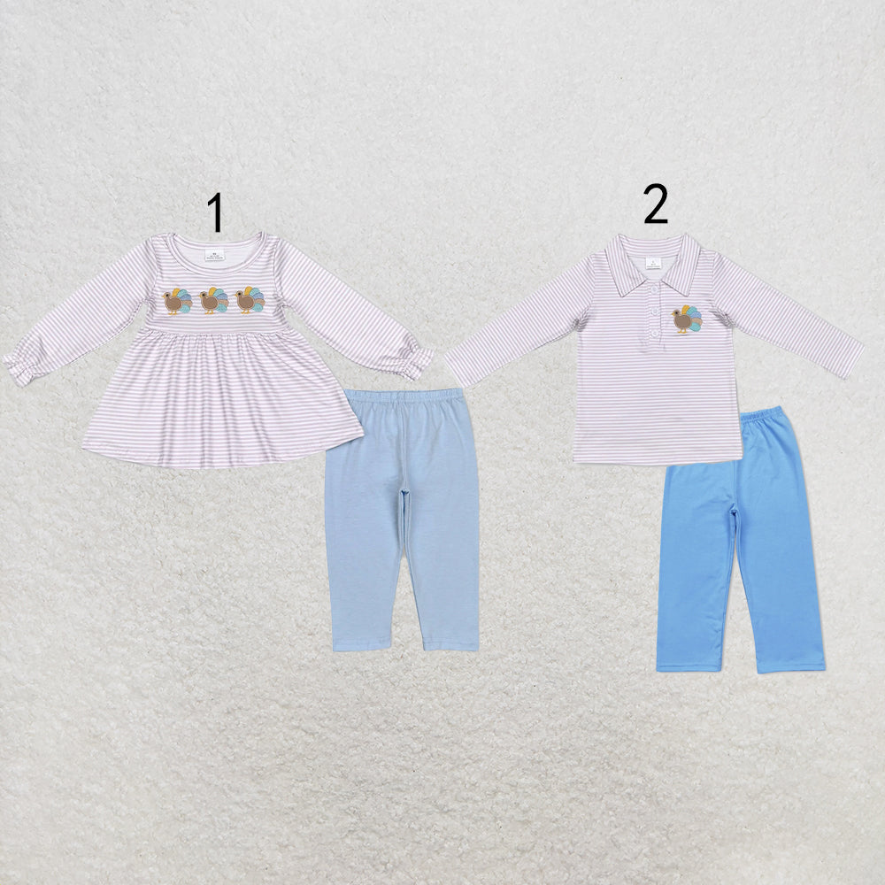 RTS NO MOQ Sibling milk silk Baby Girls Boys Striped Turkey Embroidery Long Sleeve Sibling Matching Thanksgiving Outfit Set