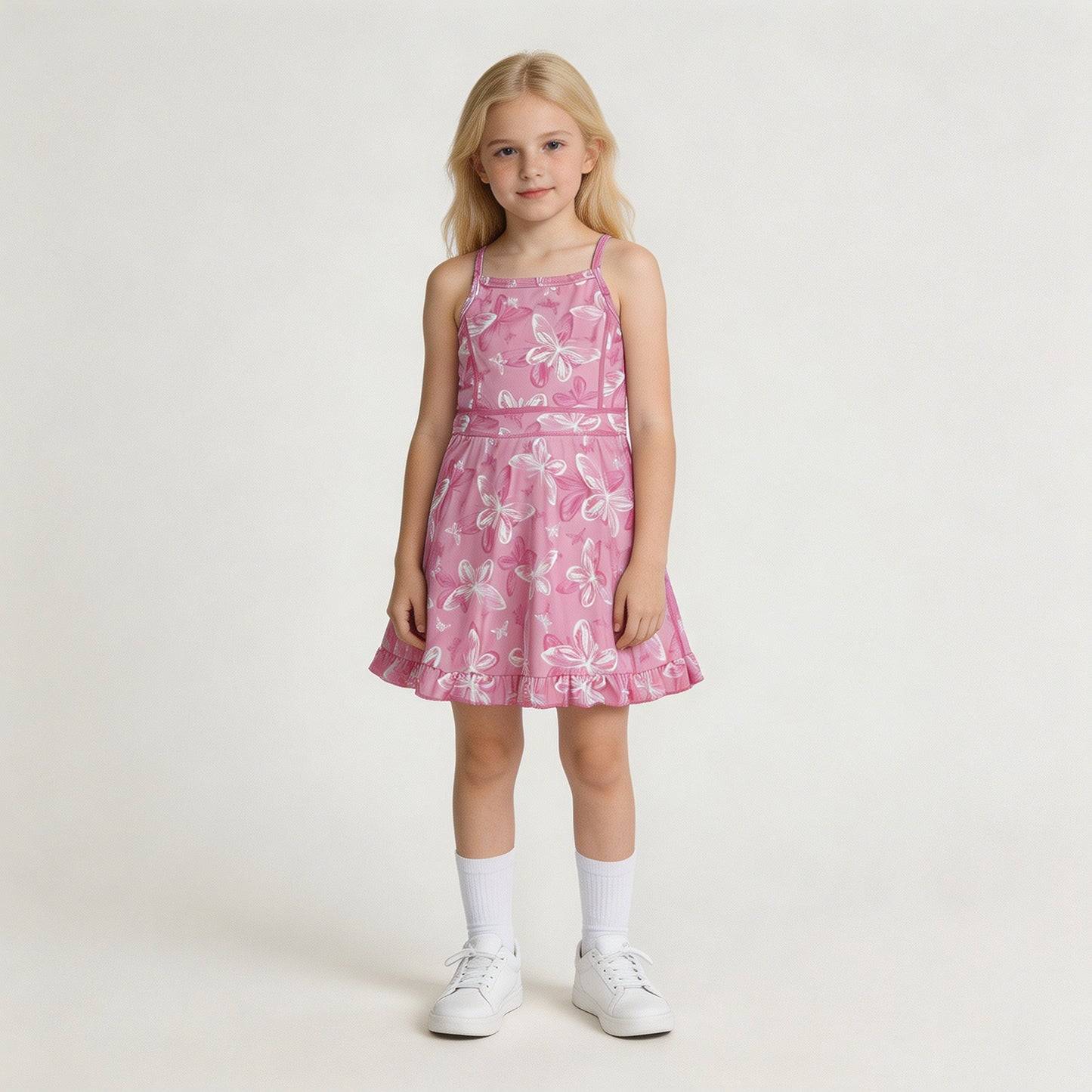 GSD2292 RTS NO MOQ （In stock）Straps pink butterfly ruffle kids girls athletic dress