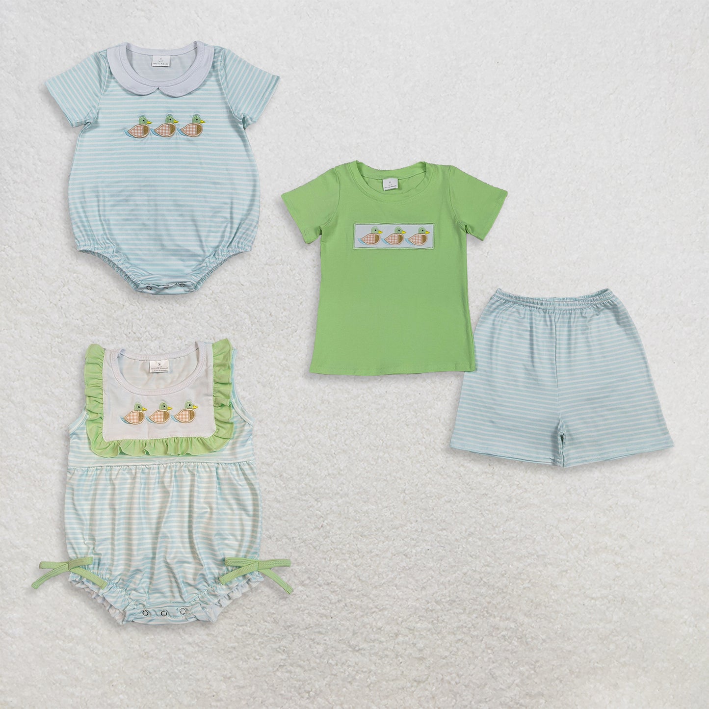 RTS Sibling Short sleeves duck embroidery top stripe shorts boys and girls outfits and romper