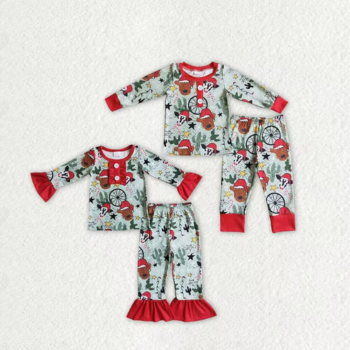 9.18 RTS Sibling Baby Boys Girls Christmas Hats Cows Cactus Button Top Pant Pajamas Sets